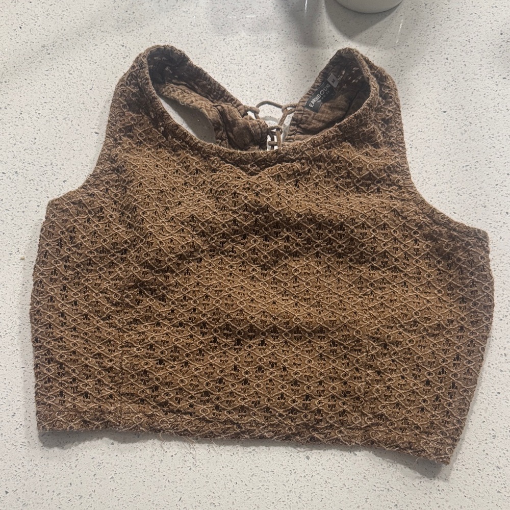 EARTHBOUND Brown Cropped Crochet Tank Top